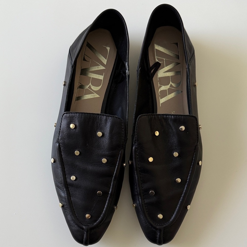 Zara Women Black leather Loafers with silver Studs